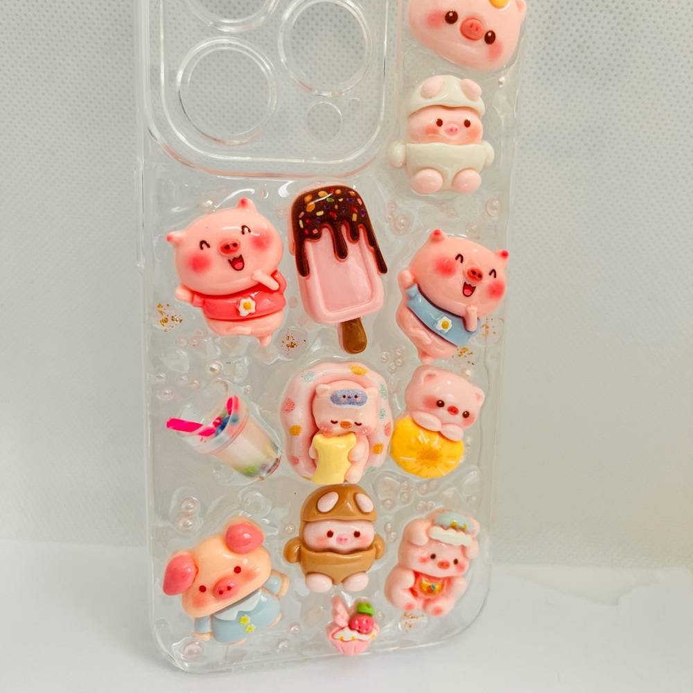 Cute Kawaii Pig 3D Decoden Clear Phone Case - Pink Accents Handmade - Picture 4 of 7